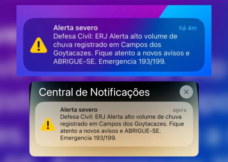 Celulares recebem notificações e Defesa Civil emite alerta severo de chuva para Campos