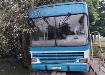 Passageiros deixam ônibus pela janela após veículo ficar com roda para fora de ponte de madeira