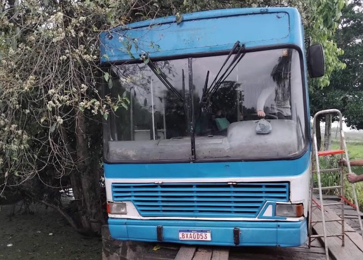 Passageiros deixam ônibus pela janela após veículo ficar com roda para fora de ponte de madeira
